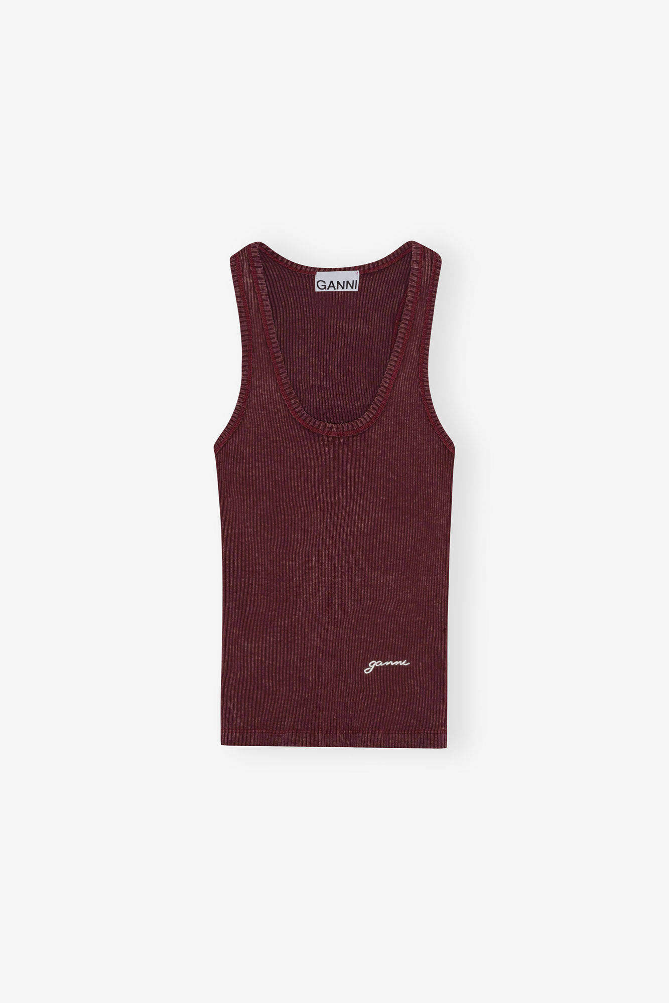 Tank Top in Burgundy Rib, Organic Cotton, in colour Port Royale - 1 - GANNI