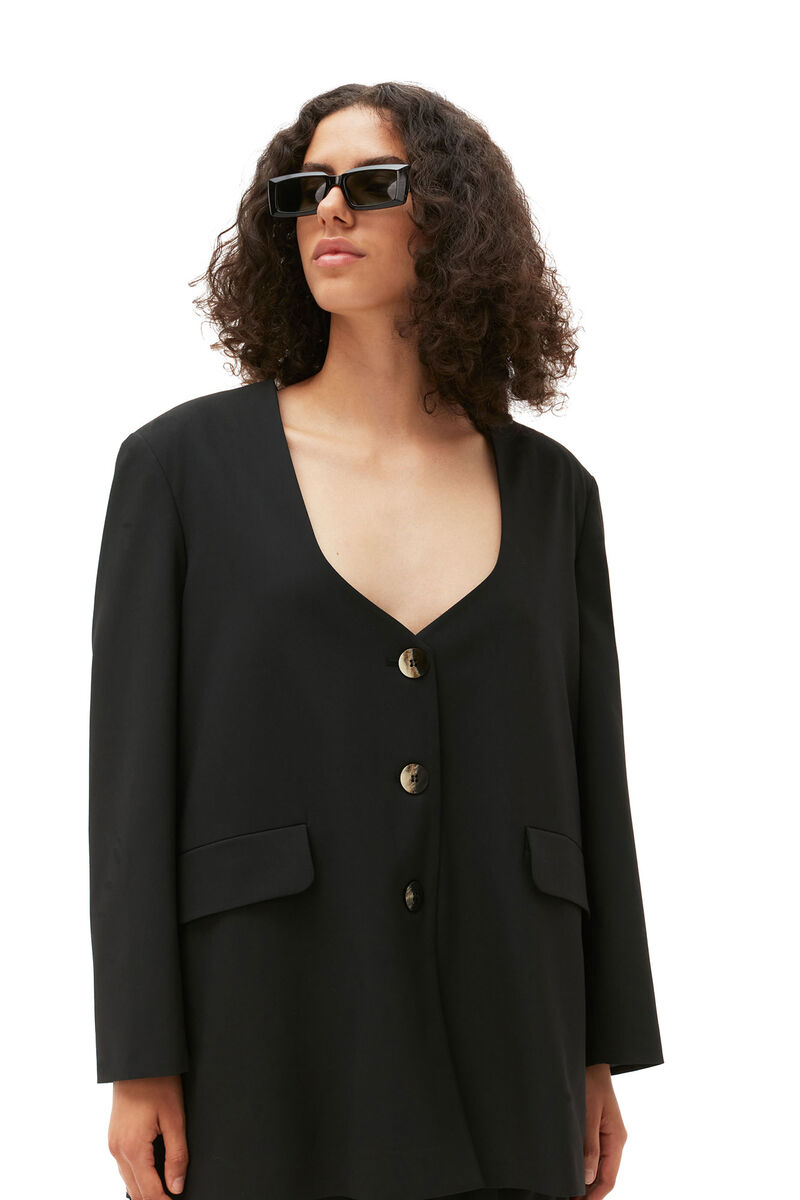 Oversized Drapey Melange Blazer, Elastane, in colour Black - 3 - GANNI