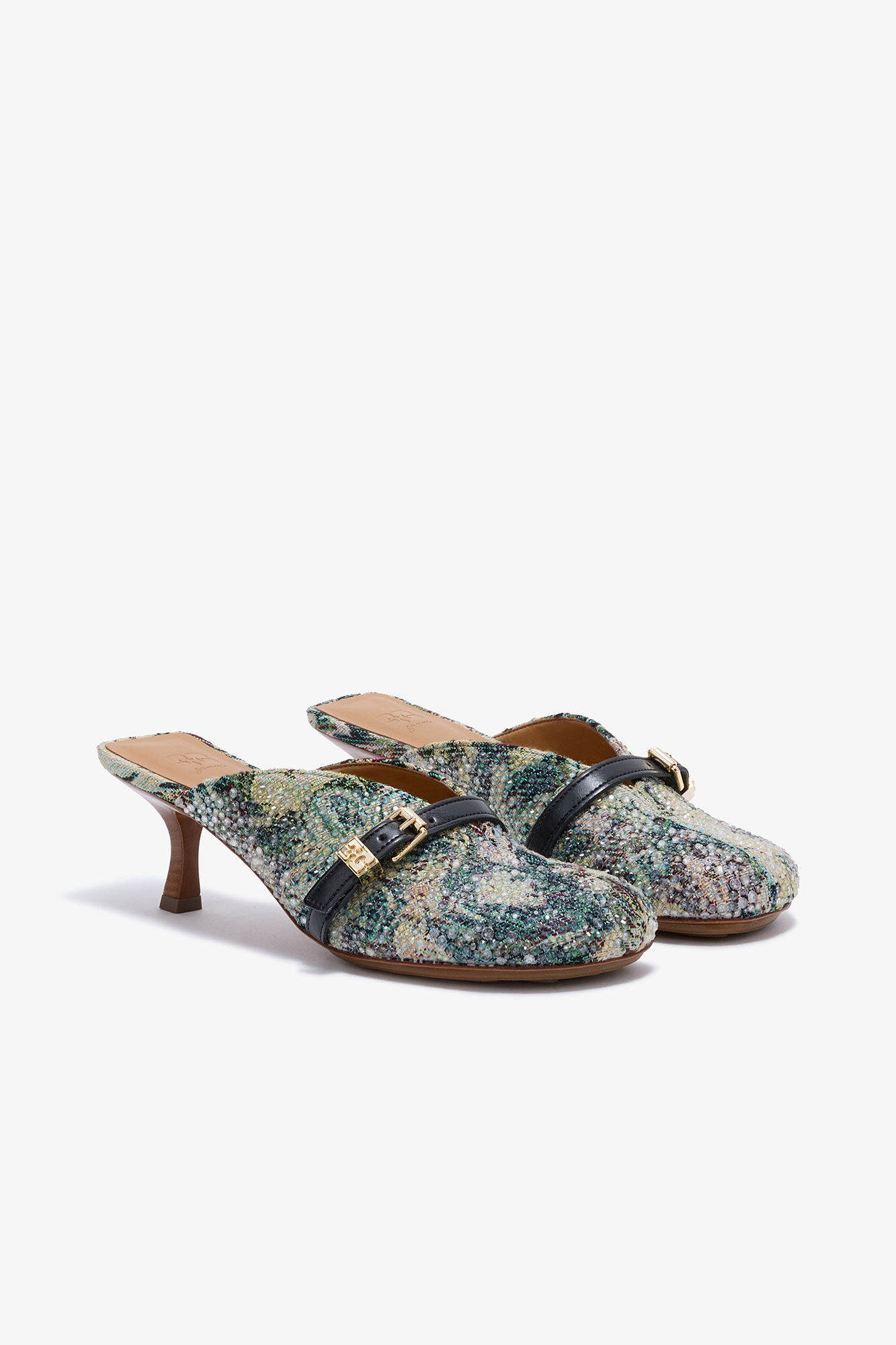Tapestry Heeled Sue Mules, Acryl, in colour Jadeite - 2 - GANNI