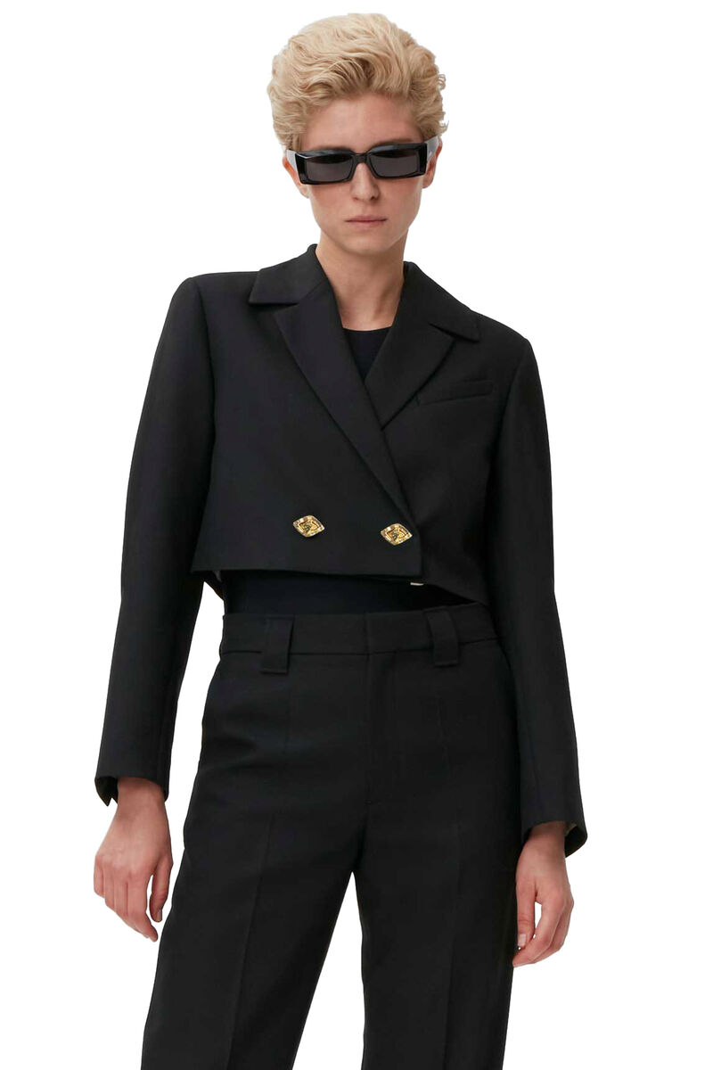 Double-Breasted Cropped Blazer, Recycled Polyester, in colour Black - 3 - GANNI