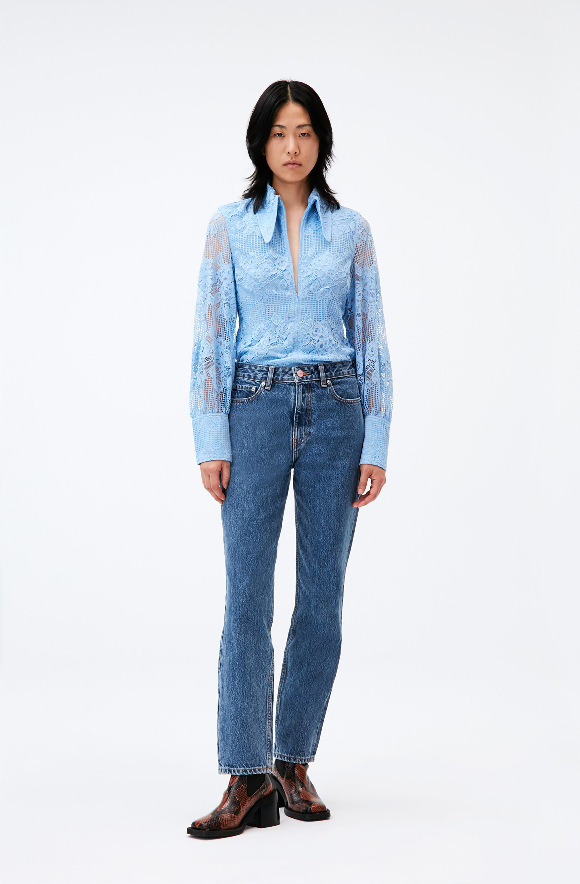 Lace Long Collar Front Zip Shirt | GANNI RO