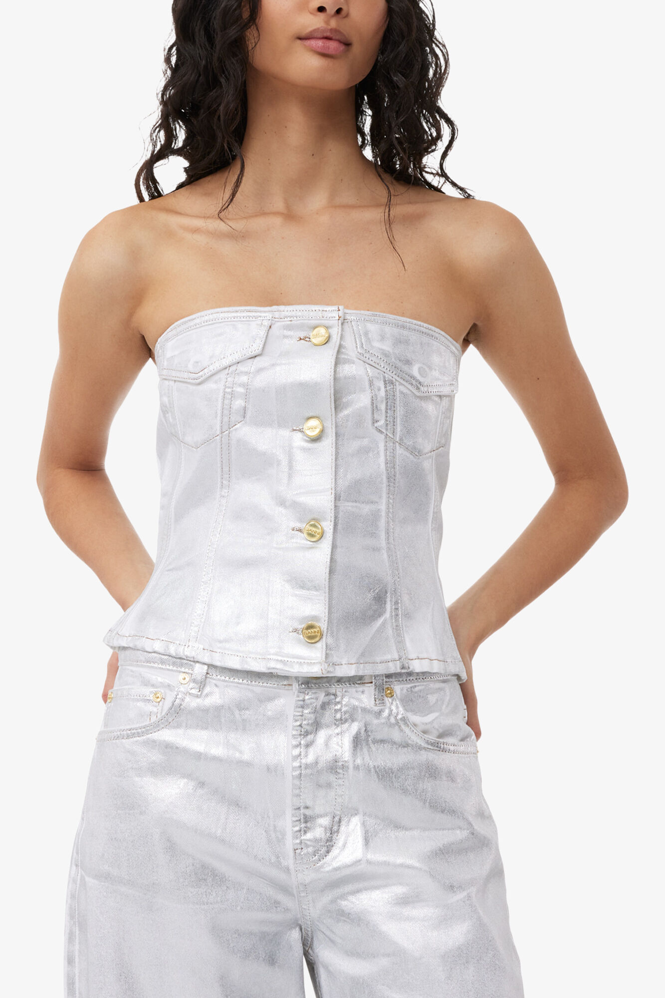 Silver Foil Stary Jeans, Organic Cotton, in colour Bright White - 4 - GANNI