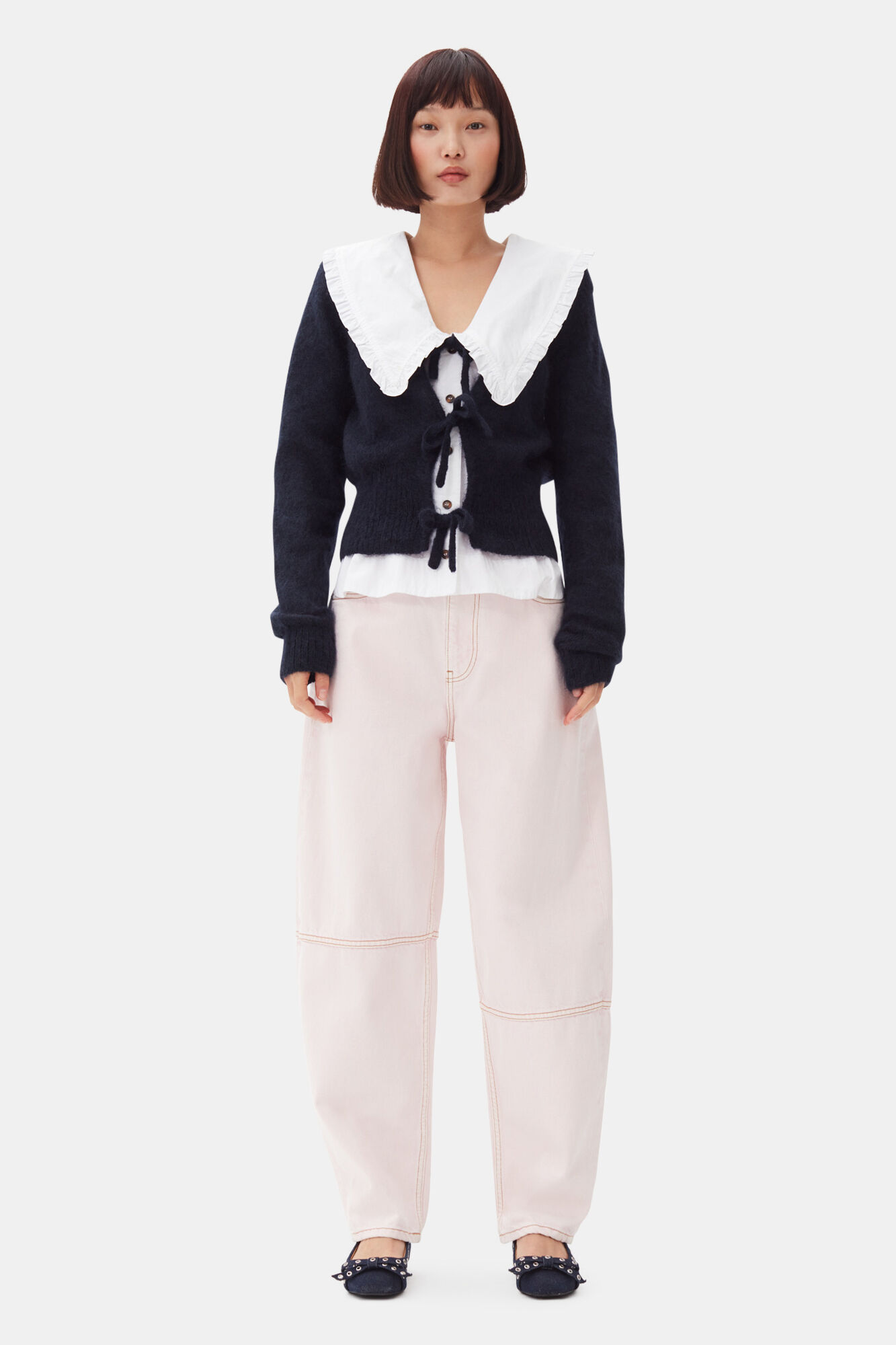 Dark Blue Tie String Cardigan, Merino Wool, in colour Sky Captain - 2 - GANNI