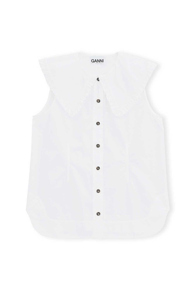 Cotton Poplin Sleeveless Frill Collar Shirt, Bright White