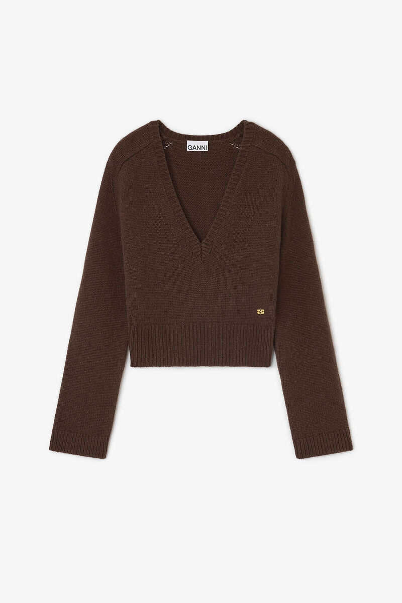 Brown V-neck Jumper, Wool, in colour Shaved Chocolate - 1 - GANNI