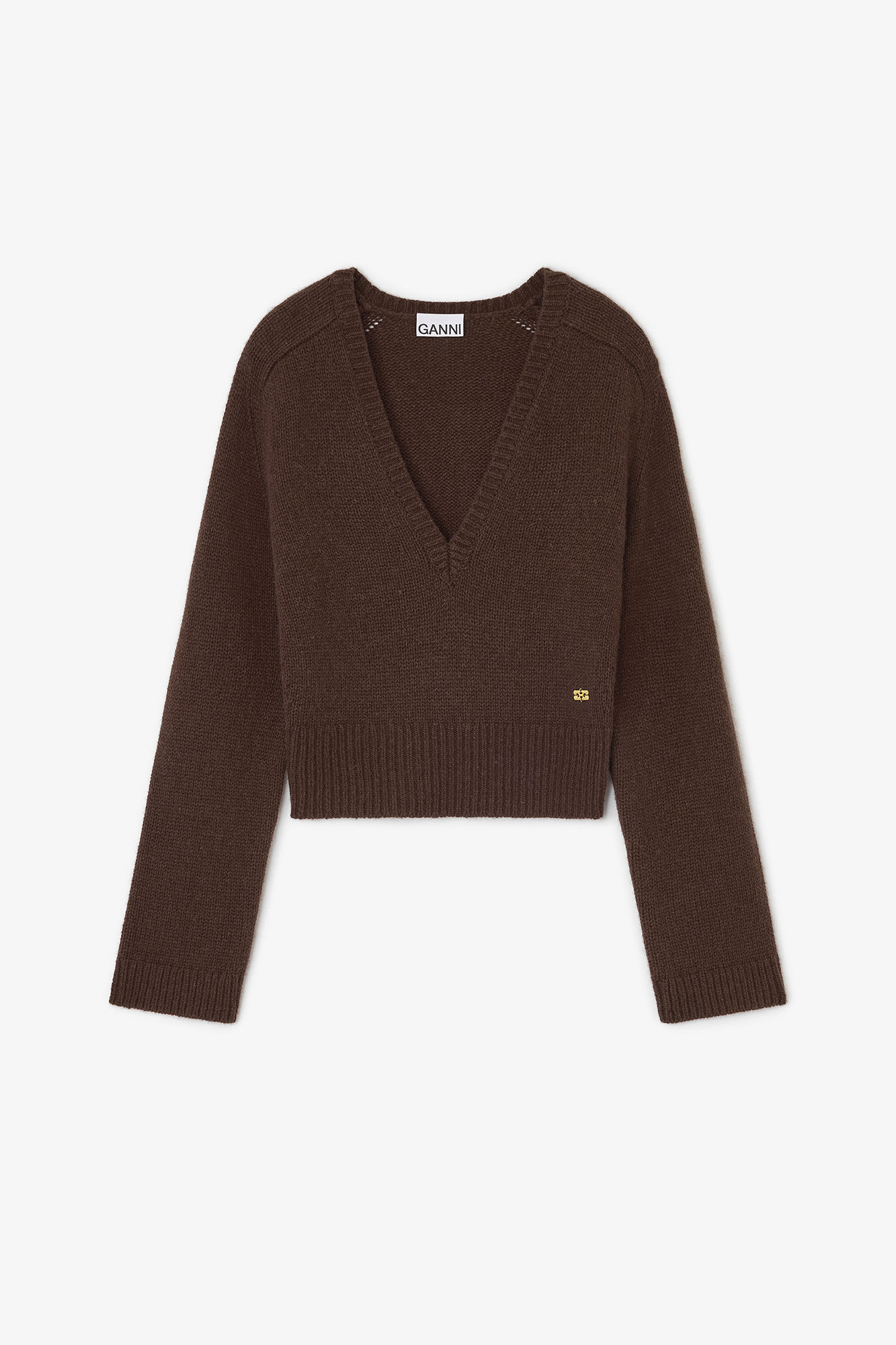 Brown V-neck Jumper, Wool, in colour Shaved Chocolate - 1 - GANNI