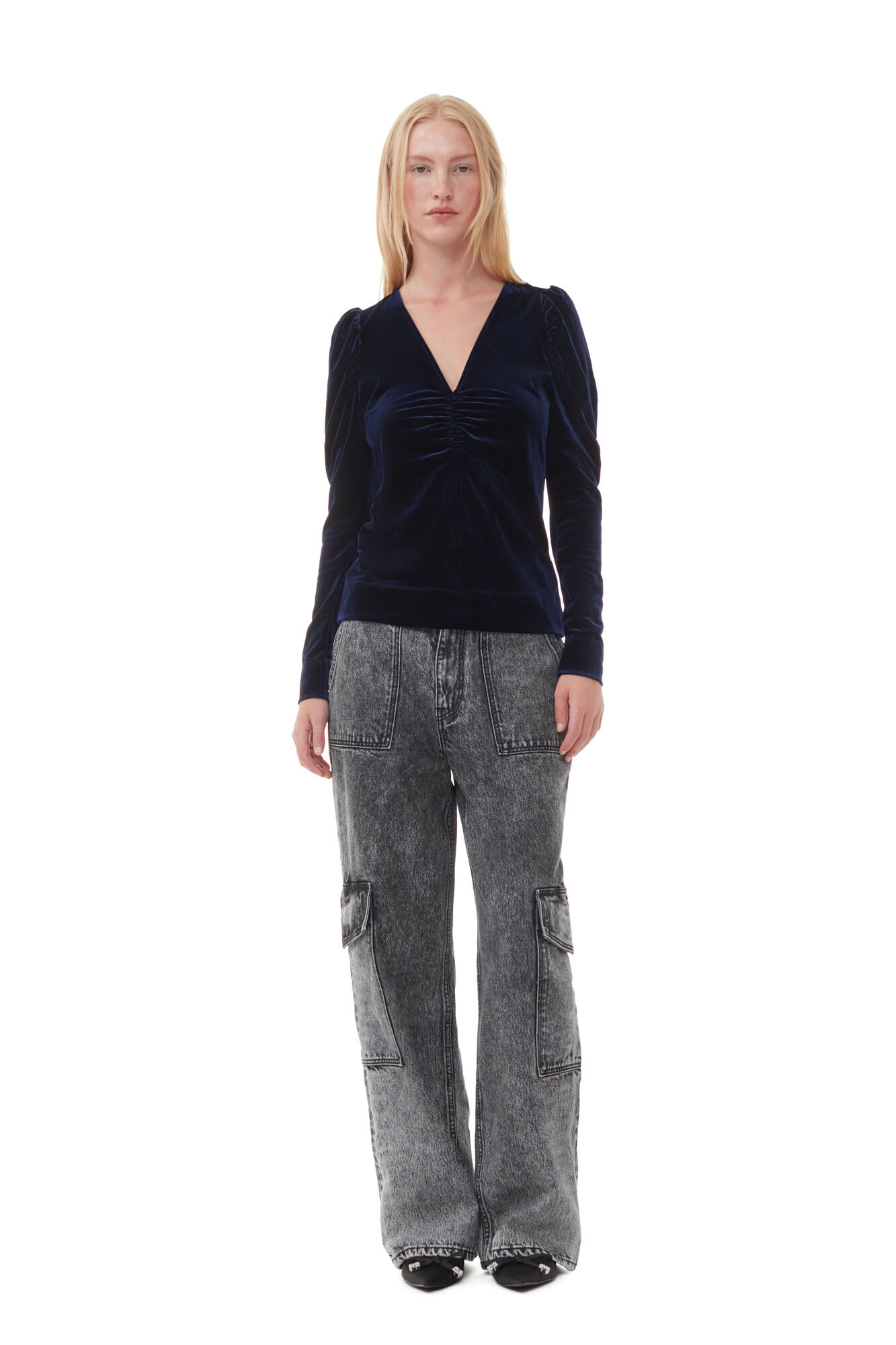 Blue Velvet Jersey V-neck Blouse, Recycled Polyester, in colour Total Eclipse - 2 - GANNI
