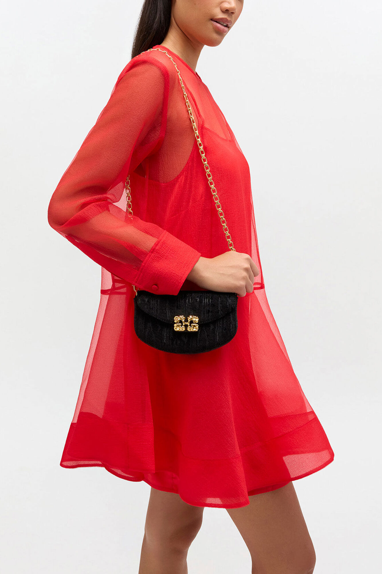 Black Lulu Wallet On Chain in Velvet Moire | GANNI US