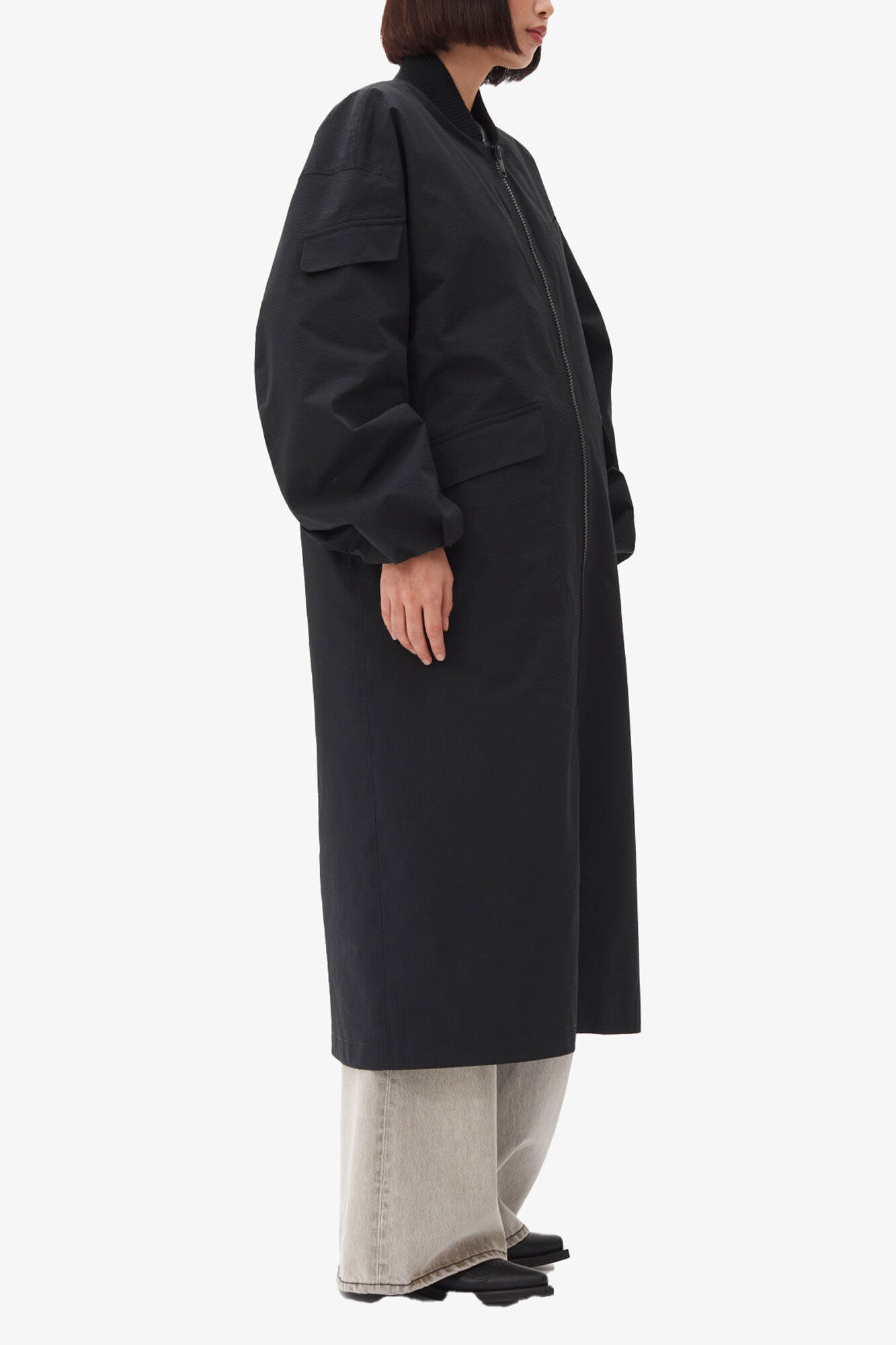 Black Tech Seersucker Oversized Shell Coat | GANNI UK