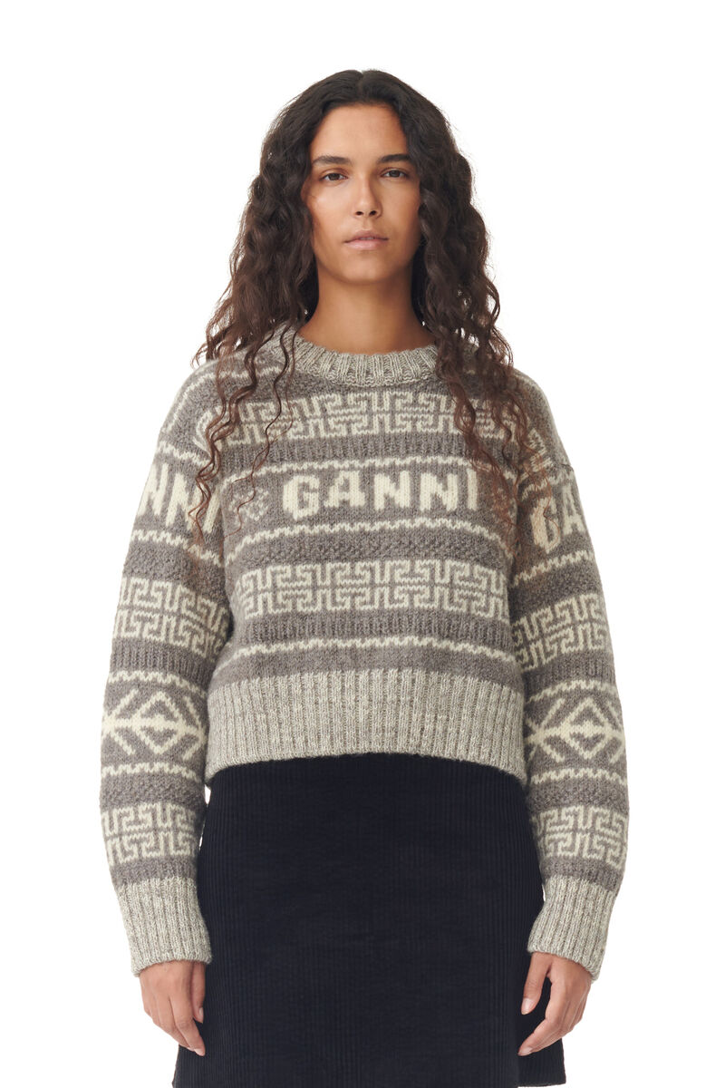 Grey Lambswool Cropped O-neck Pullover , Organic Wool, in colour Timber Wolf - 1 - GANNI