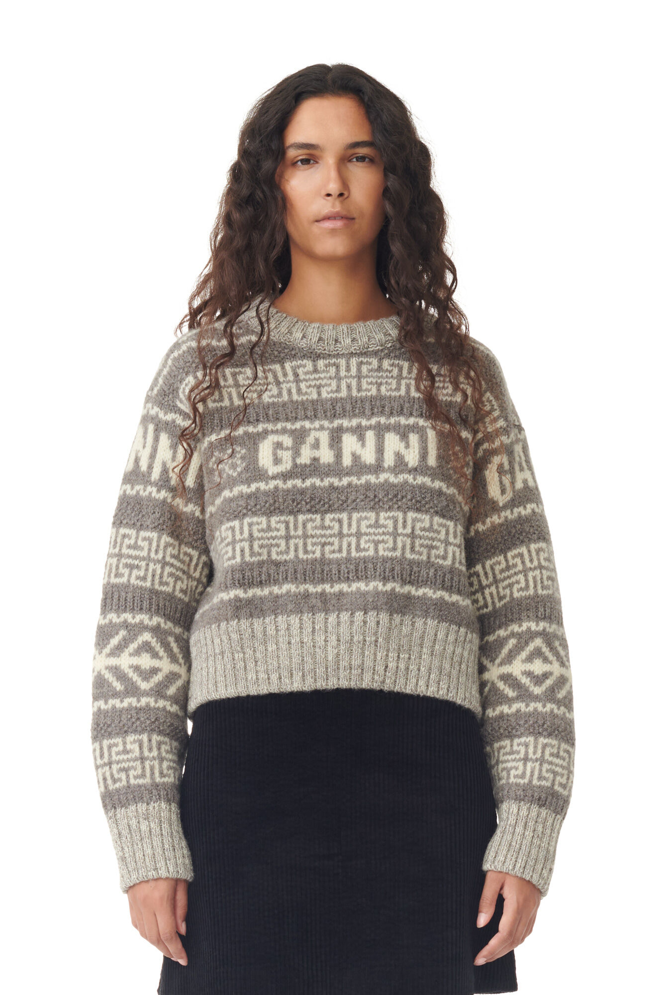 Grey Lambswool Cropped O-neck Pullover, Organic Wool, in colour Timber Wolf - 1 - GANNI