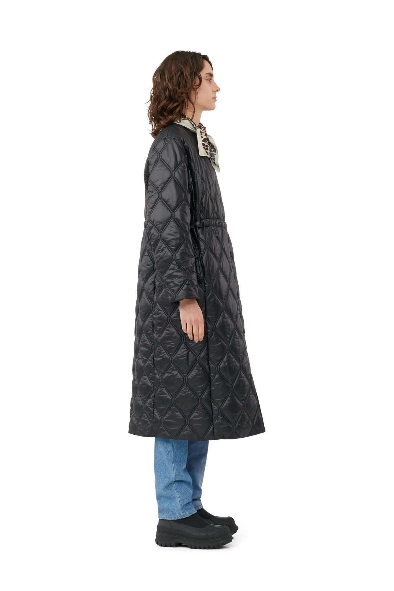 Black Shiny Quilt Long Coat, Nylon, in colour Black - 2 - GANNI