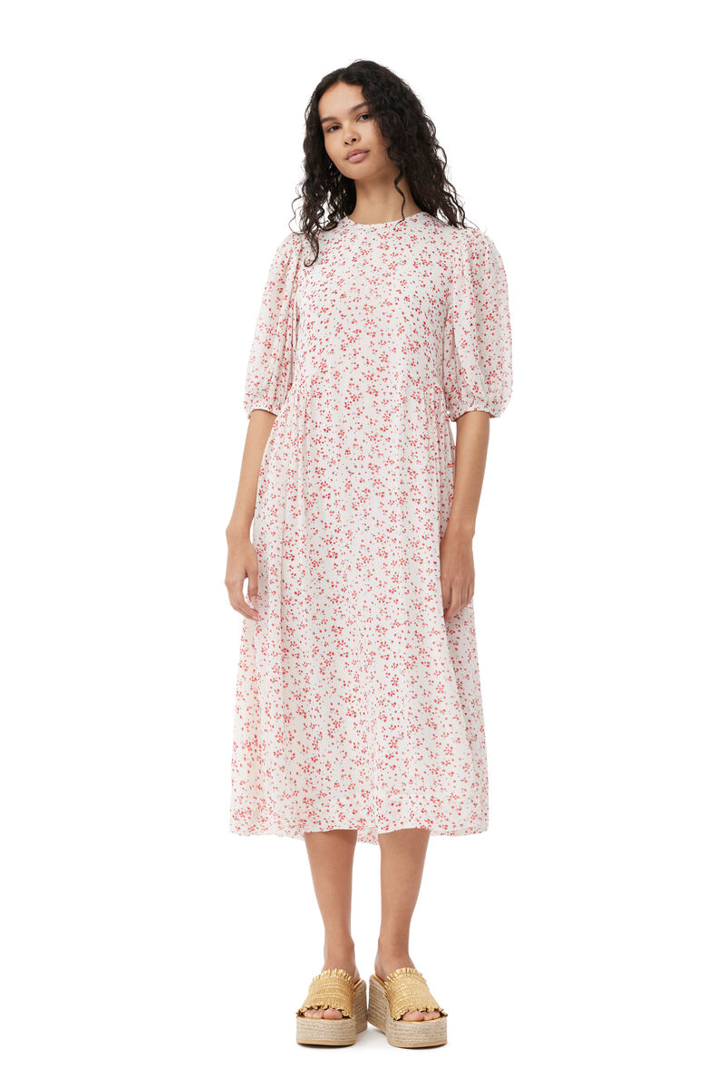 Printed Georgette Puff Sleeve Midi Dress, Viscose, in colour Egret - 1 - GANNI