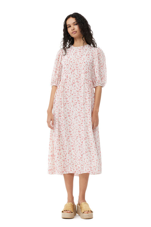 Ganni Short Sleeve Printed Georgette Puff Sleeve Midi Dress In Multi