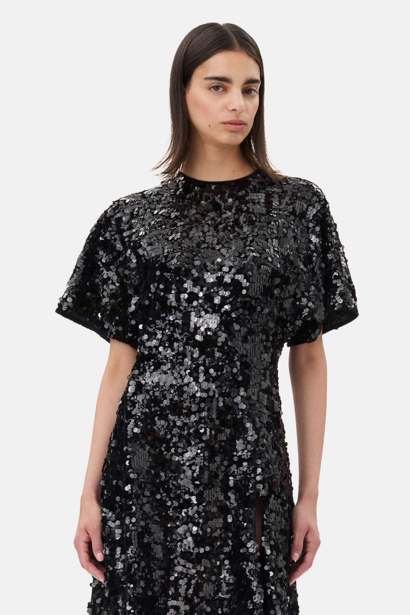Black Velvet Sequins Long Dress, Polyester, in colour Black - 2 - GANNI