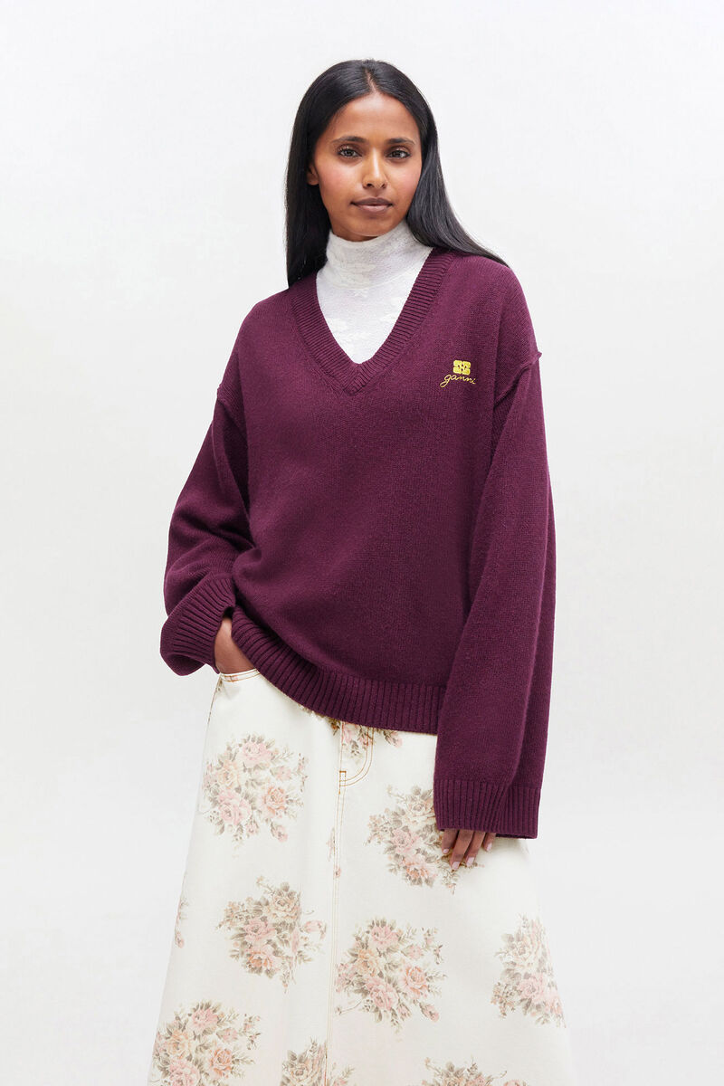 Burgundy Wool Mix V-neck Jumper, Viscose, in colour Burgundy - 2 - GANNI