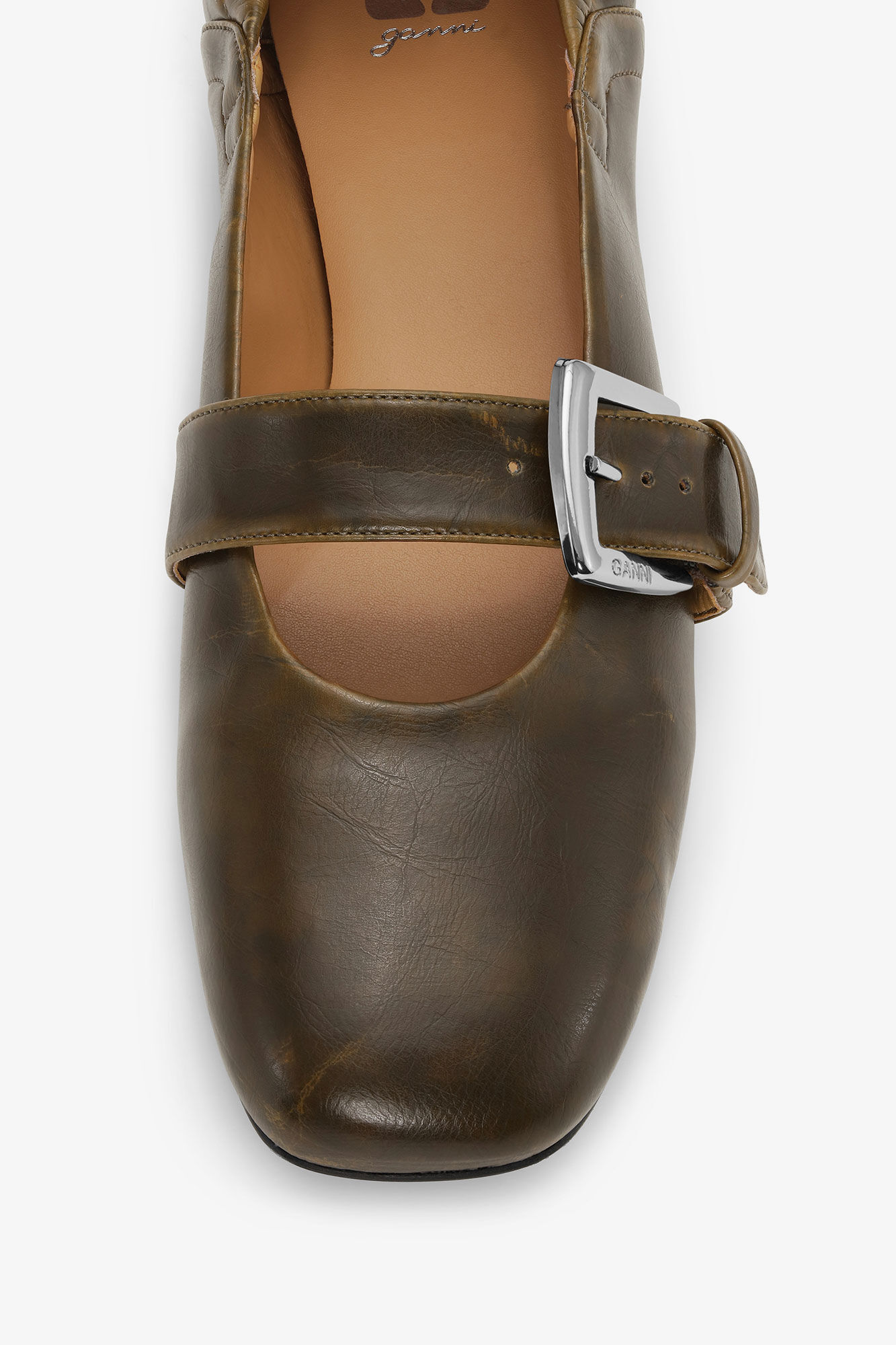 Buckle Strap Ballerinas in Dark-Olive, Oleatex&trade;, in colour Dark Olive - 4 - GANNI