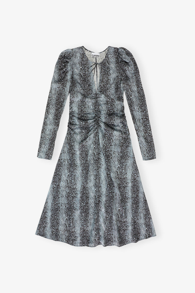 Blue Snake Print Ruched Midi Dress, Viscose, in colour Celestial Blue - 1 - GANNI