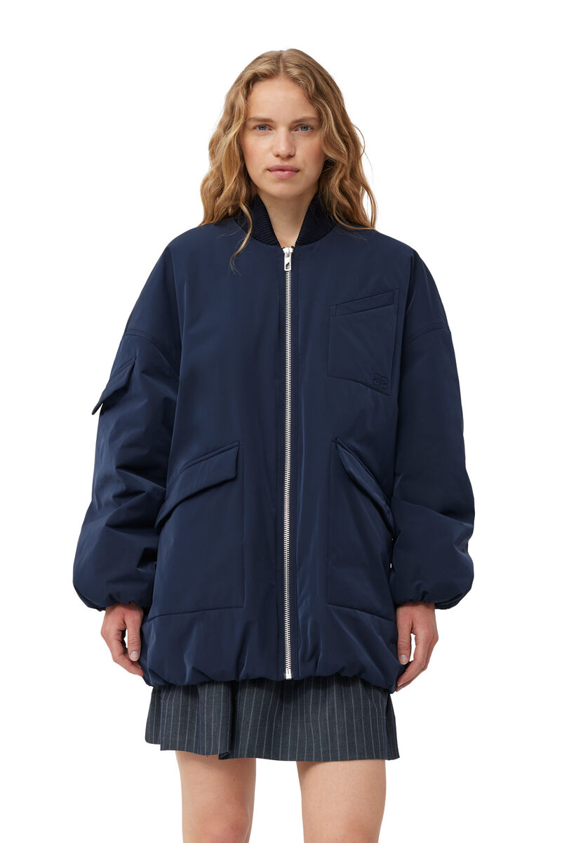 Blue Twill Oversized Bomber Jacket, Recycled Polyester, in colour Sky Captain - 1 - GANNI
