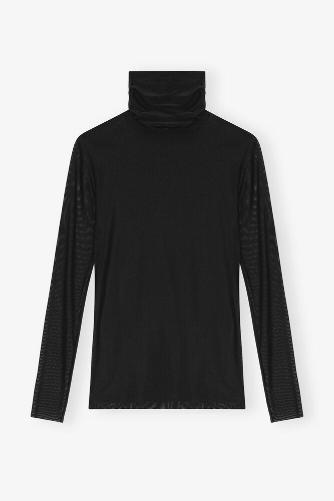 Svart långärmad polotröja i mesh, Black