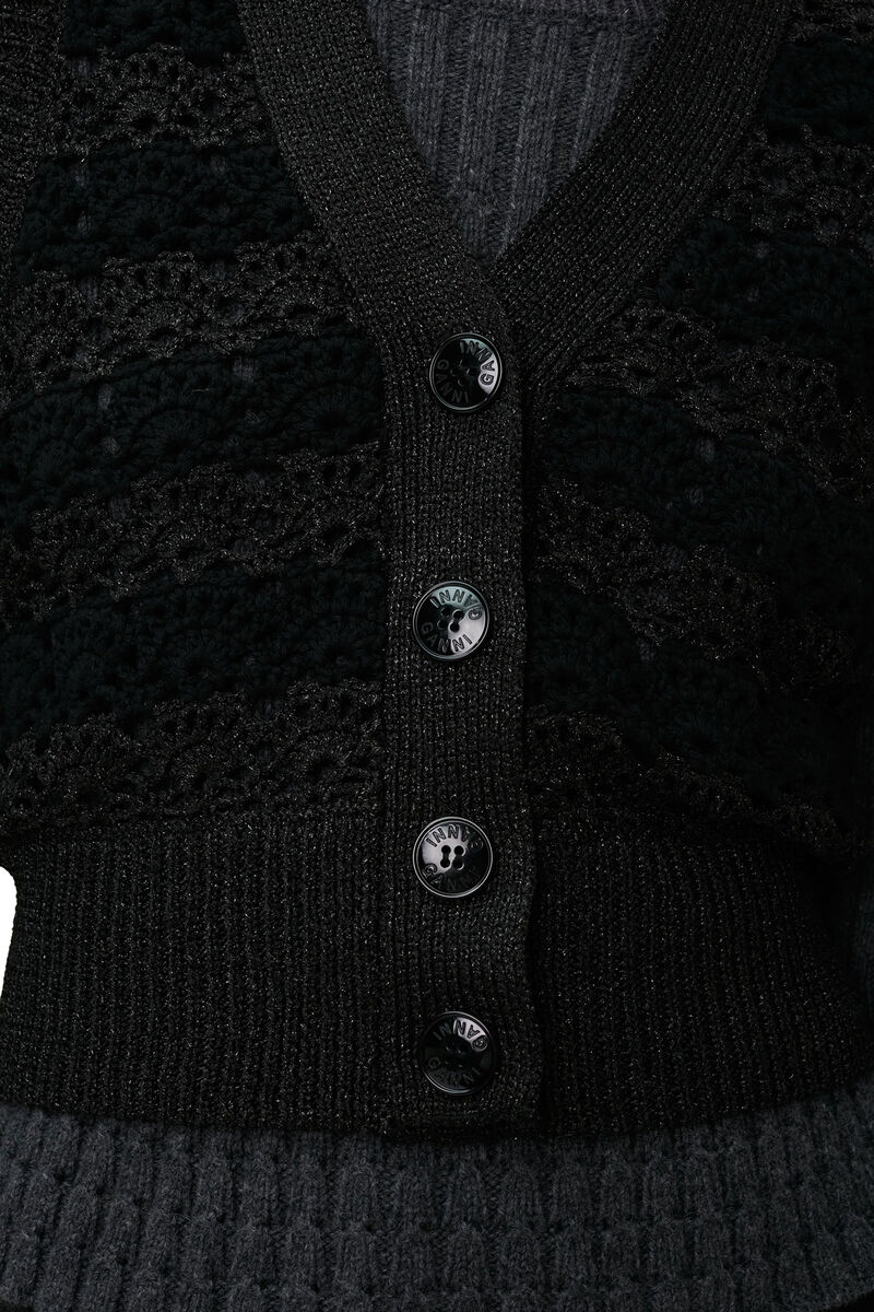 Cropchet V-neck Vest, Nylon, in colour Black - 8 - GANNI