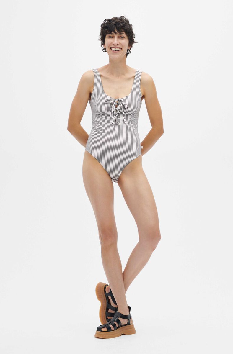 Lace-Up Swimsuit, Elastane, in colour Egret - 2 - GANNI