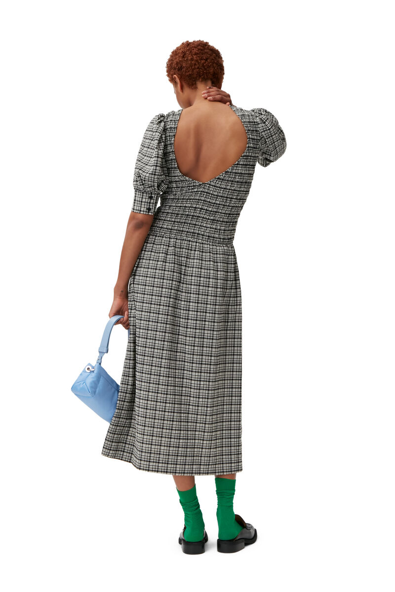 Seersucker Midi Dress, Elastane, in colour Mini Check Black - 2 - GANNI