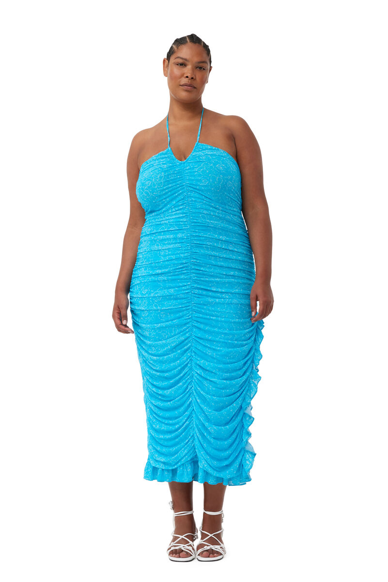 GANNI X ESTER MANAS Printed Mesh Halterneck Gather Dress, Recycled Nylon, in colour Bachelor Blue - 1 - GANNI