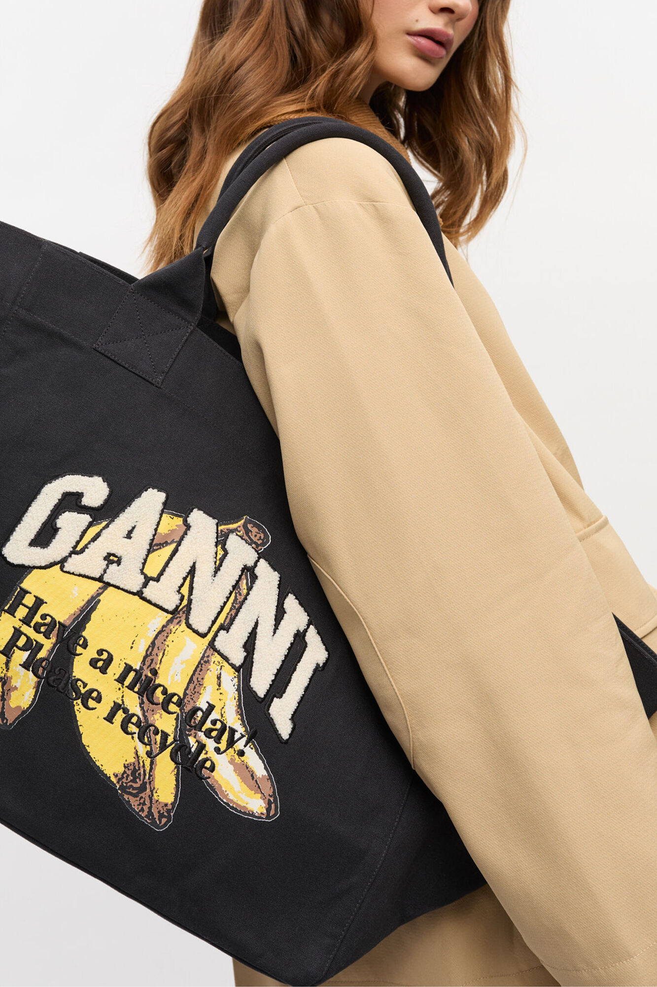 Black XXL Banana Print Tote, Recycled Cotton, in colour Black - 2 - GANNI