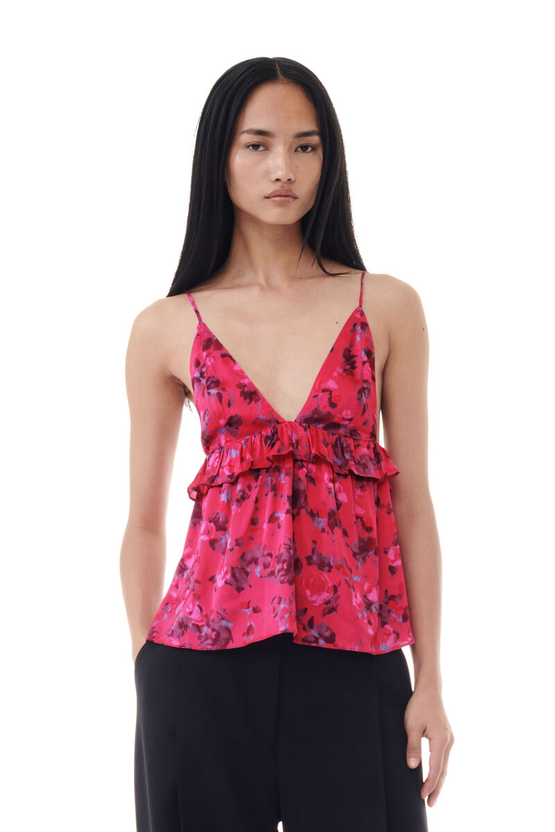 Red Floral Printed Satin Stroptop, in colour Raspberry Wine - 1 - GANNI