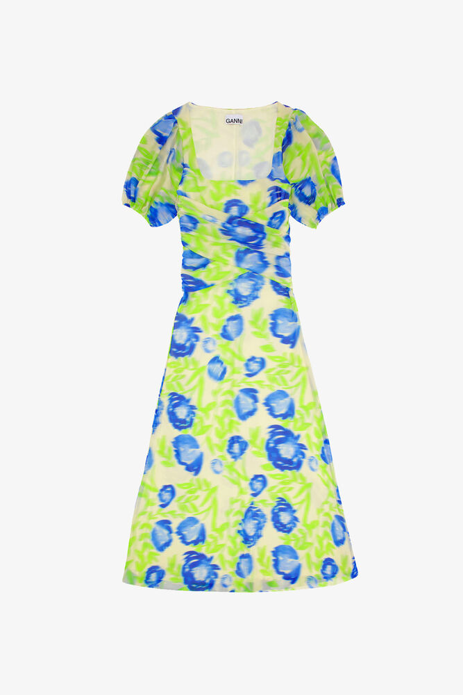 Printed Mesh Puff Sleeve Midi Dress, Strong Blue