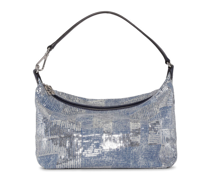 Sequin Medium Butterfly Pouch Satin Bag, Recycled Cotton, in colour Denim - 1 - GANNI