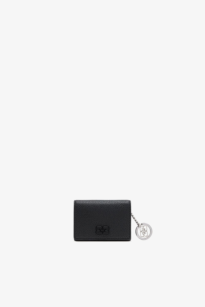 Card Holder With Flap in Grained Black, Black
