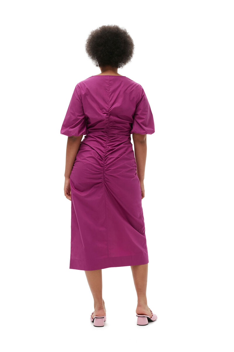Cotton Poplin Gathered Open-neck Maxi Dress, Cotton, in colour Purple Wine - 6 - GANNI