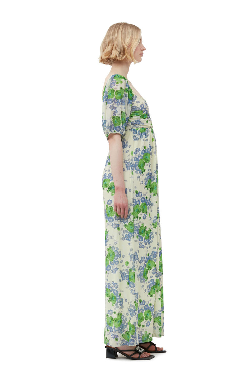 Printed Mesh Puff Sleeves Long Dress, Recycled Nylon, in colour Egret - 3 - GANNI