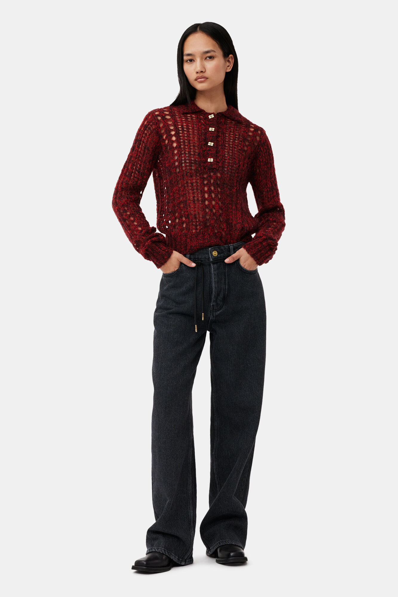 Washed Black Izey Drawstring Jeans, Cotton, in colour Washed Black/Black - 1 - GANNI
