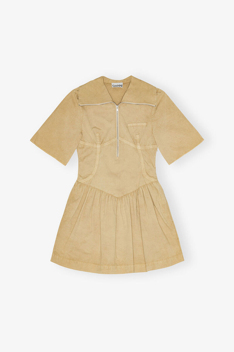 Beige Washed Stretch Cotton Mini Dress, Organic Cotton, in colour Lark - 1 - GANNI