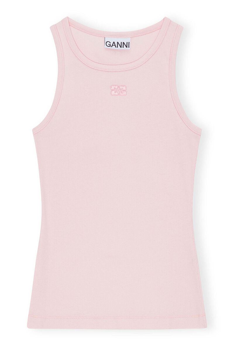 Light Pink Soft Cotton Rib Tank Top, Elastane, in colour Chalk Pink - 1 - GANNI