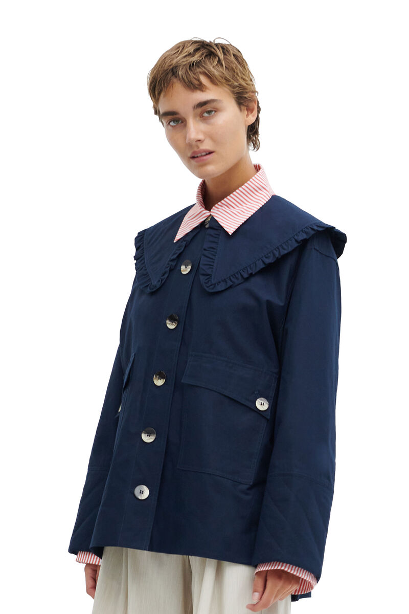 Cotton Canvas Frill Collar Jacket, Linen, in colour Sky Captain - 2 - GANNI
