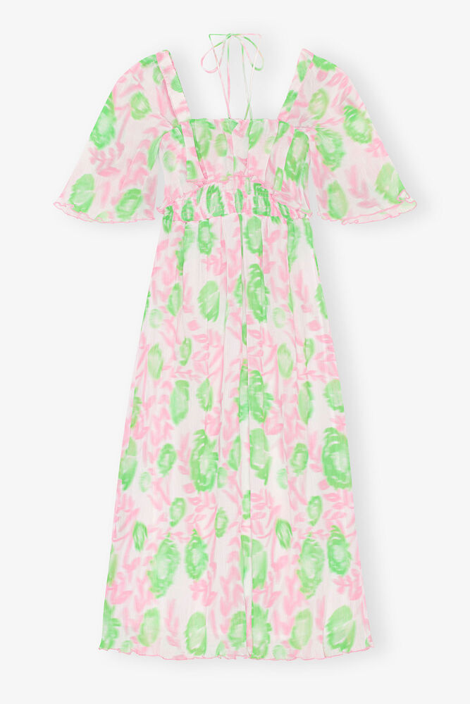 Pleated Georgette Midi Smock Dress, Pink Tulle