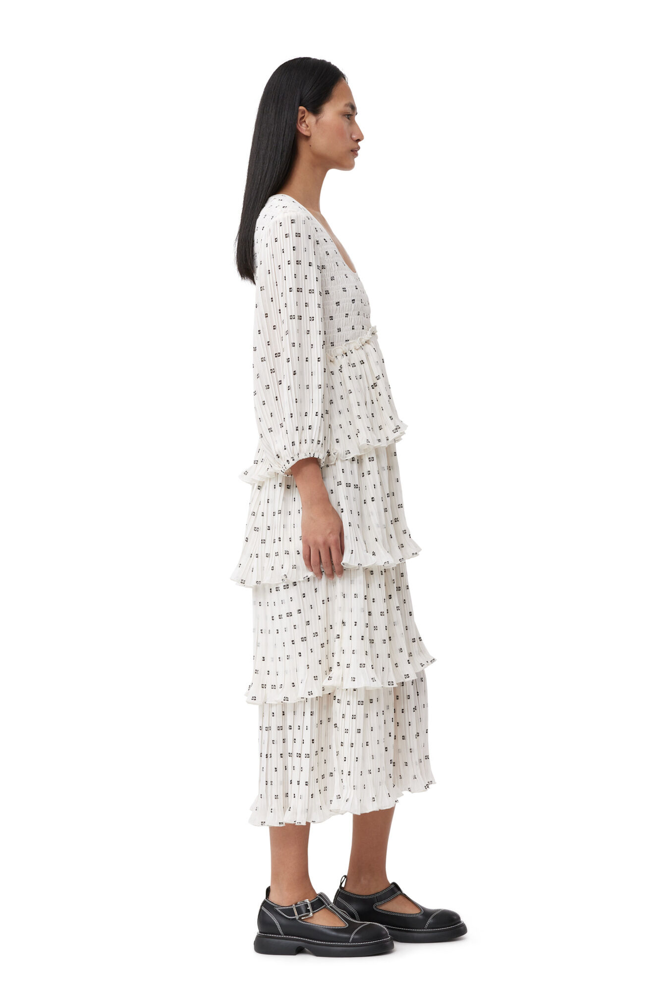 White Pleated Georgette Flounce Smock Midikjole, Recycled Polyester, in colour Egret - 3 - GANNI
