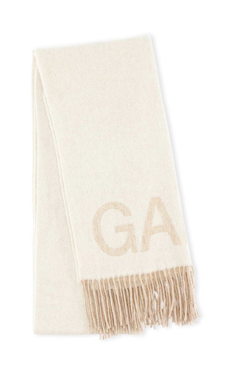 Wool Mix Fringed Wool Scarf, Recycled Wool, in colour Egret - 1 - GANNI