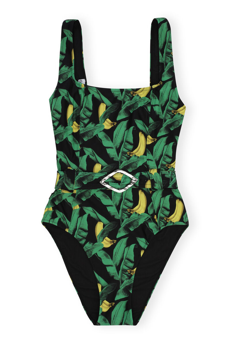 Einteiliger Badeanzug mit Gürtel, Elastane, in colour Banana Tree Black - 1 - GANNI