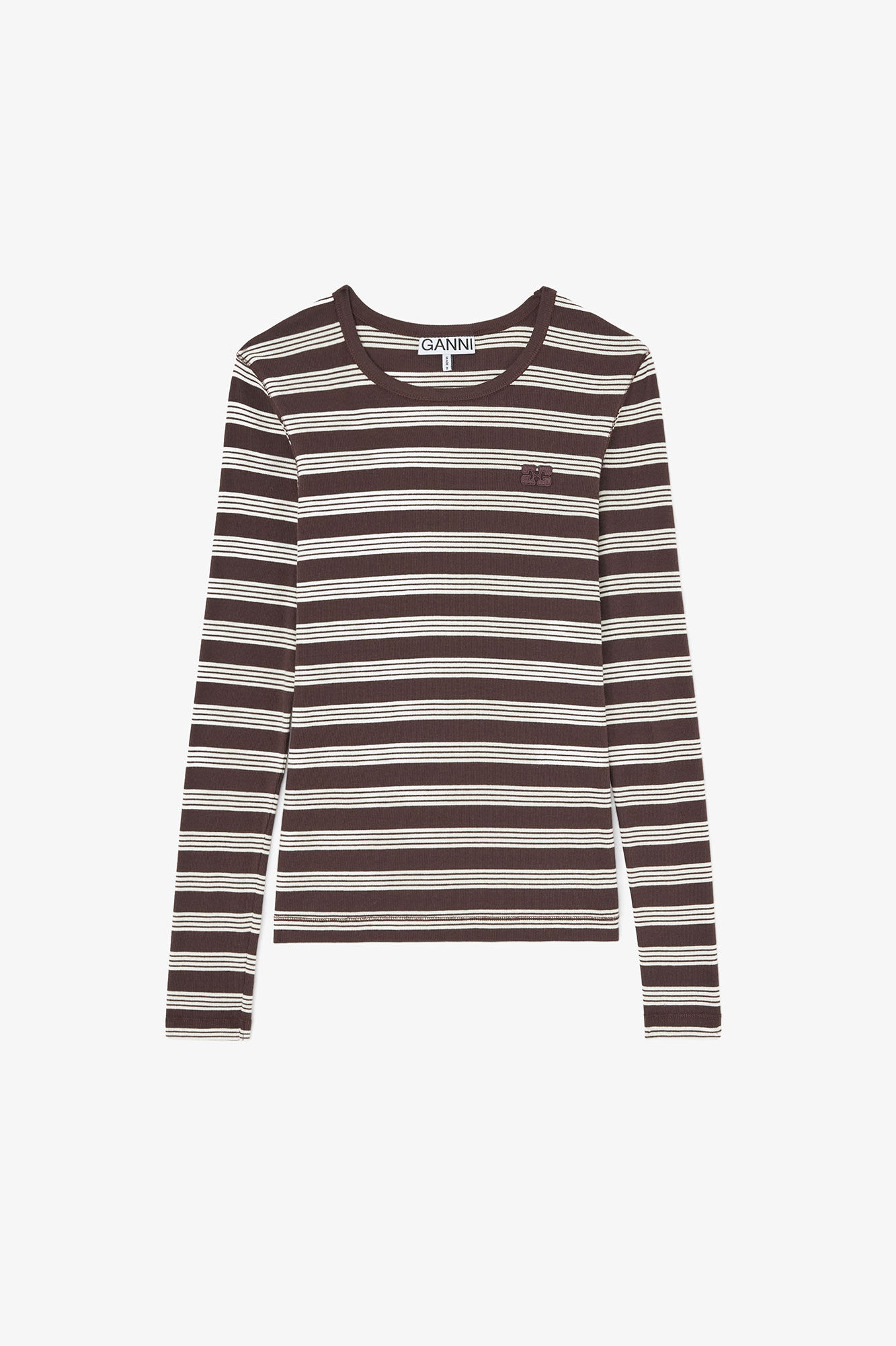 Long-sleeve Top in Stripe, Organic Cotton, in colour Mole - 1 - GANNI
