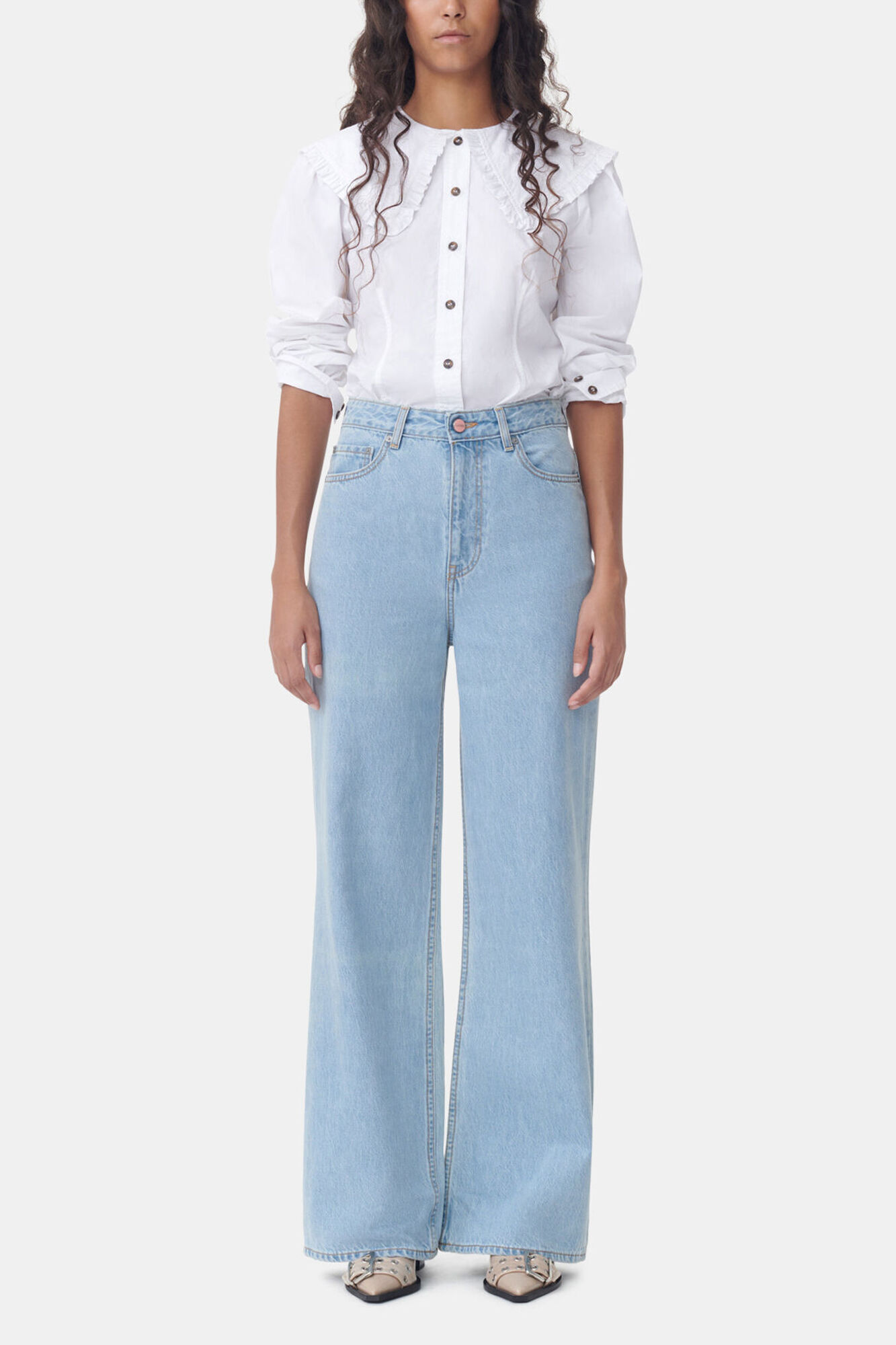 White Frill Collar Poplin Shirt, Cotton, in colour Bright White - 2 - GANNI