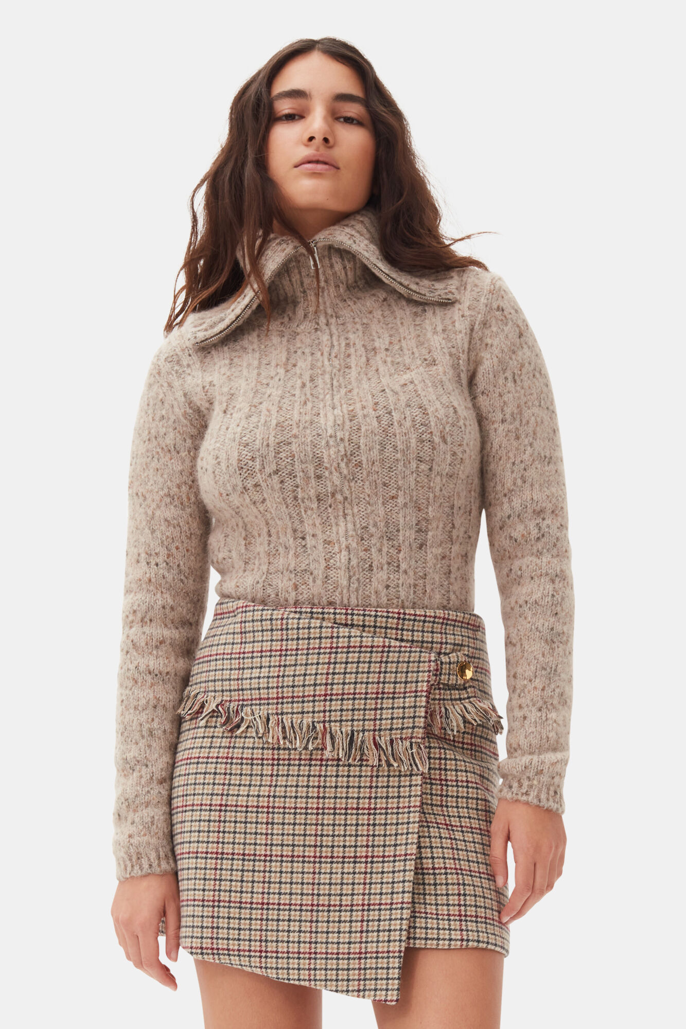 Brown Highneck Zip Cardigan, Alpaca, in colour Safari - 1 - GANNI