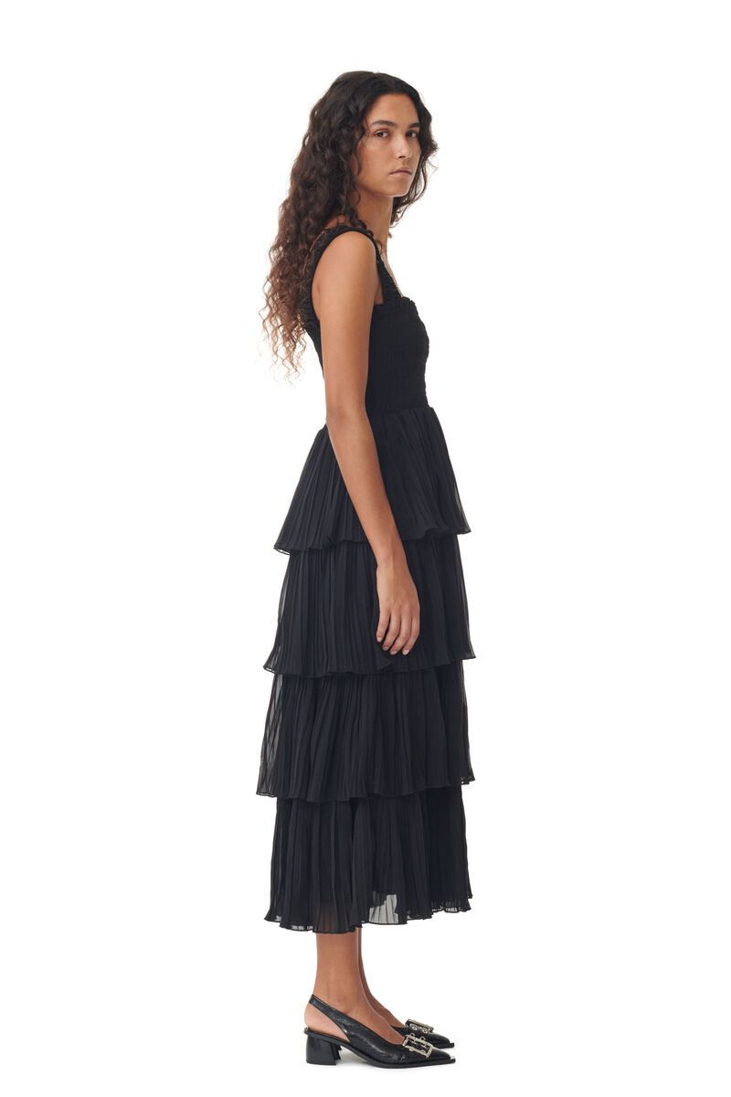 Black Pleated Georgette Flounce Smock Midi Dress, Recycled Polyester, in colour Black - 2 - GANNI