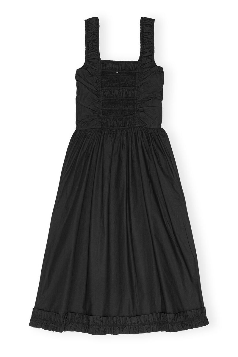 Black Cotton Poplin Midi Strap Smock Dress, Cotton, in colour Black - 2 - GANNI