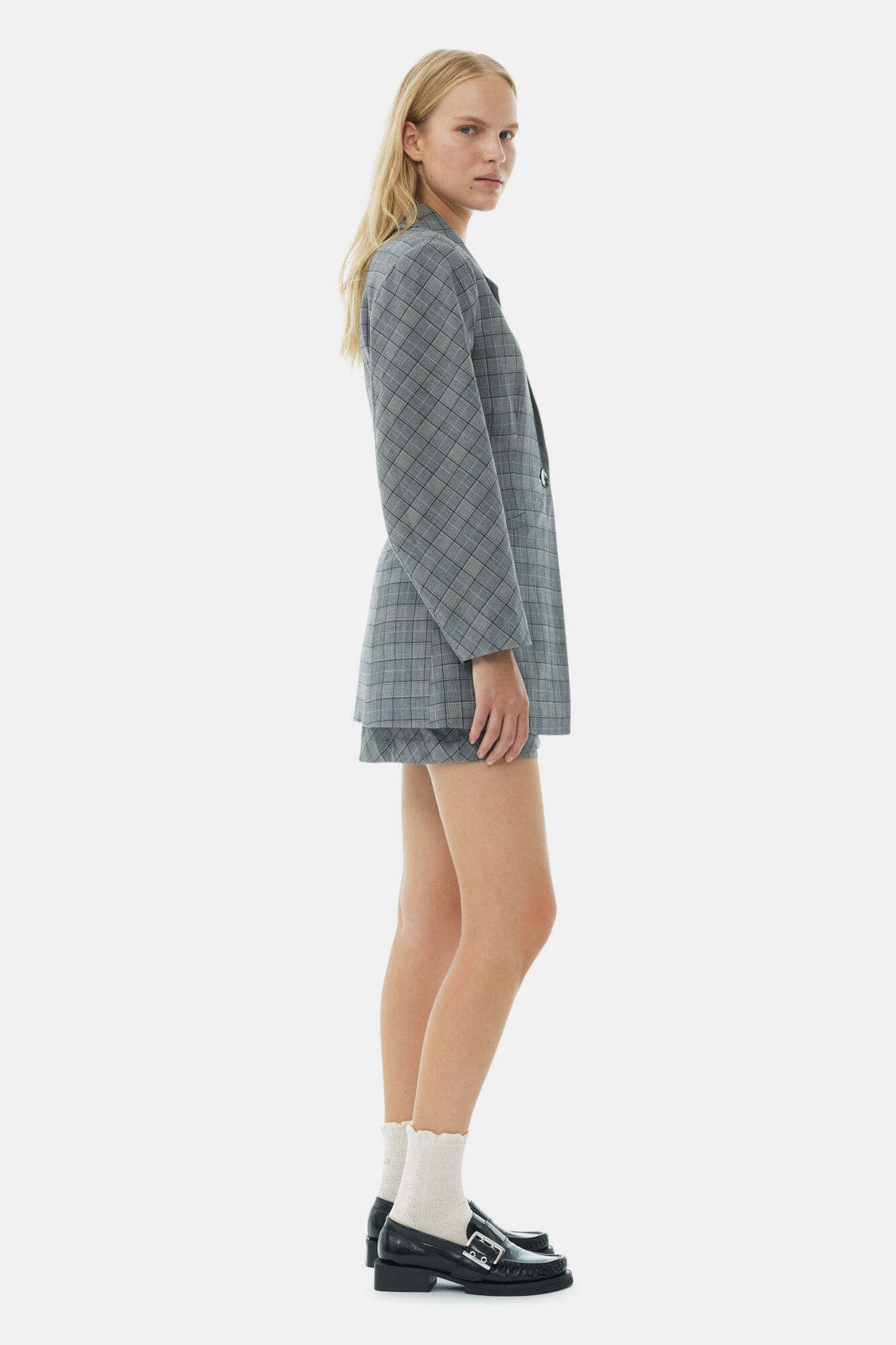 Grey Checkered Fitted Blazer, Elastane, in colour Frost Gray - 3 - GANNI