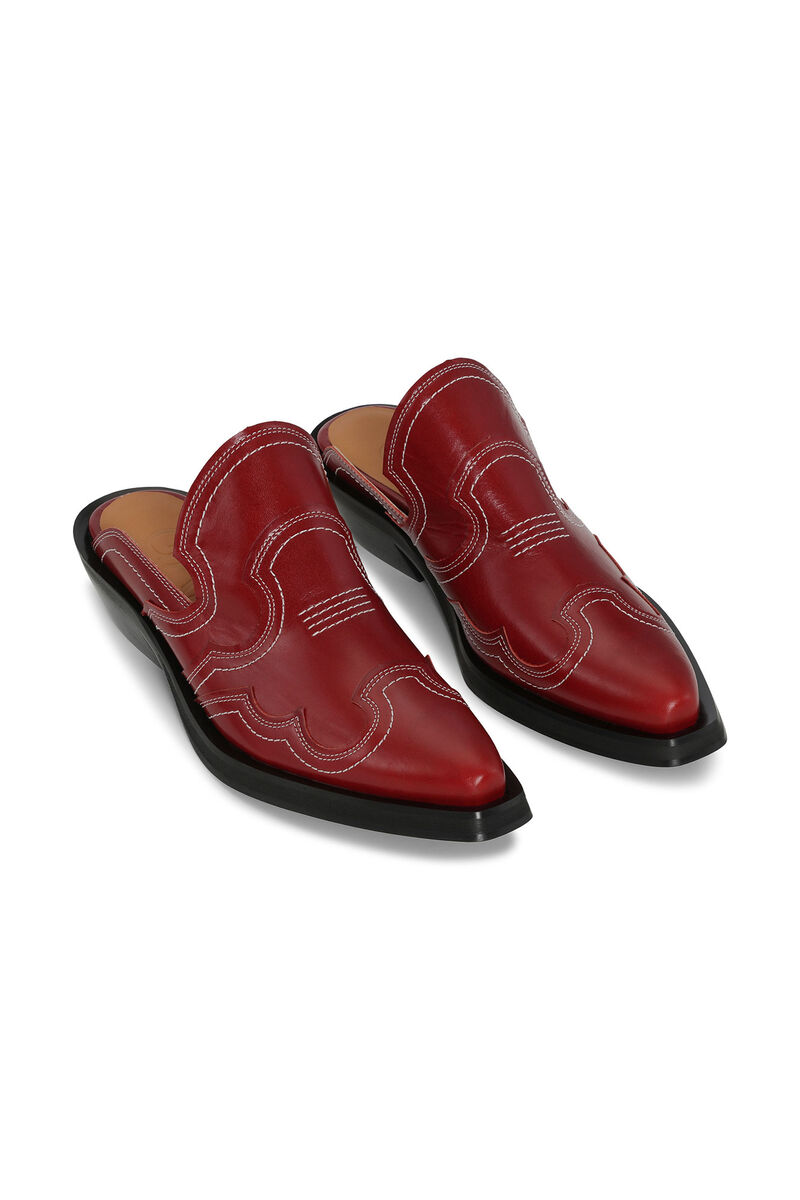 Broderade western mules, Calf Leather, in colour Barbados Cherry - 3 - GANNI